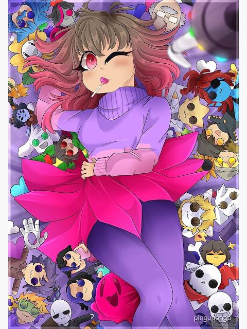 asgore_dreemurr asriel_dreemurr bete_noire brown_hair candy chara_(undertale) flowey_(undertale) food frisk_(undertale) glitchtale jessica_grey lollipop muffet one_eye_closed papyrus_(undertale) pink_eyes pink_hair pink_sweater purple_sweater purple_thighhighs sans_(undertale) short_hair skirt stuffed_toy sweater thighhighs toriel toy undertale undyne