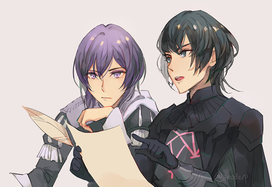 2boys anocurry armor black_gloves blue_eyes blue_hair male_byleth_(fire_emblem) closed_mouth fire_emblem fire_emblem:_three_houses gloves medium_hair multiple_boys night night_sky nintendo paper purple_hair quill short_hair simple_background sky upper_body white_background yuri_leclerc