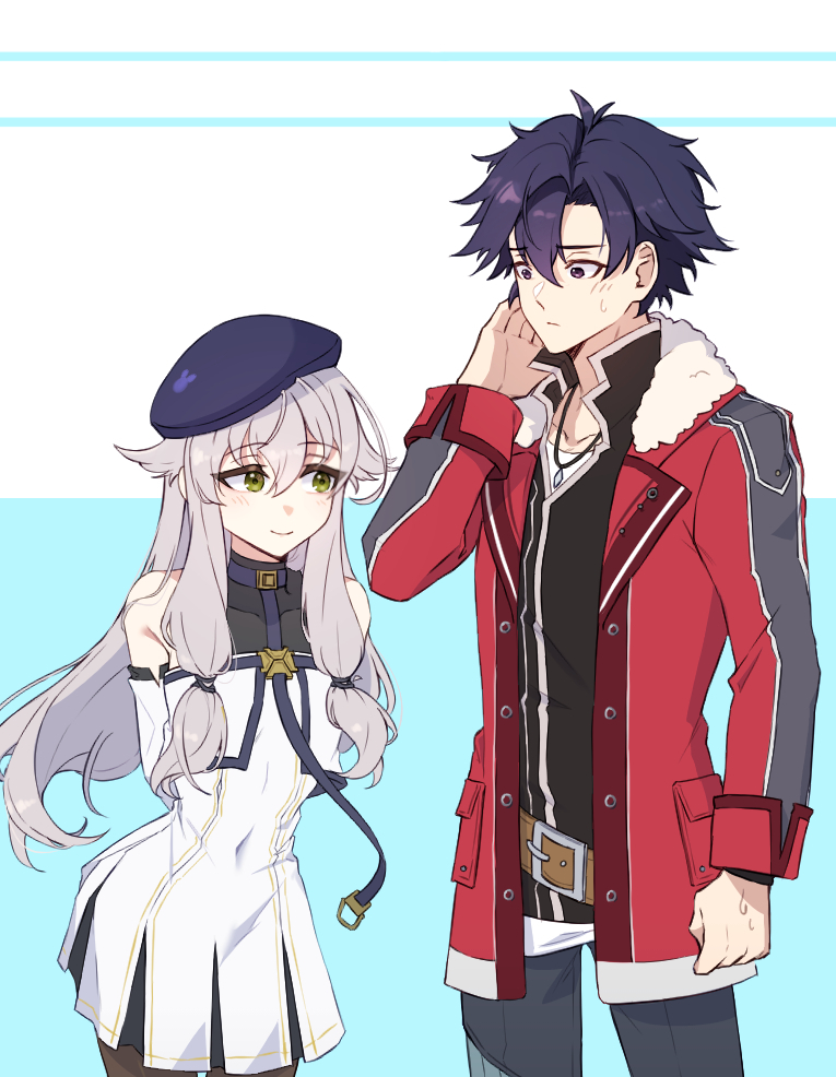1boy 1girl altina_orion animal_ear_hood arm_behind_back breasts coat curtained_hair detached_sleeves double-parted_bangs dress eiyuu_densetsu fake_animal_ears fur_collar fur_trim green_eyes hair_between_eyes hand_in_pocket headpat hood jewelry kai_no_kiseki kuro_no_kiseki_(series) navel open_clothes open_coat pendant purple_eyes rean_schwarzer sen_no_kiseki sen_no_kiseki_(series) sen_no_kiseki_ii sidelocks simple_background small_breasts smile thighhighs two-tone_background tyotyo4546