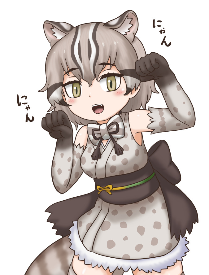 1girl adansosutega animal_ears animal_print black_hair bow bowtie commentary_request cowboy_shot elbow_gloves fangs fur-trimmed_kimono fur_trim gloves grey_hair japanese_clothes kemono_friends kimono multicolored_hair obi open_mouth paw_pose sash short_kimono sleeveless sleeveless_kimono smile solo streaked_hair tail thighhighs translation_request tsushima_leopard_cat_(kemono_friends) white_hair yellow_eyes