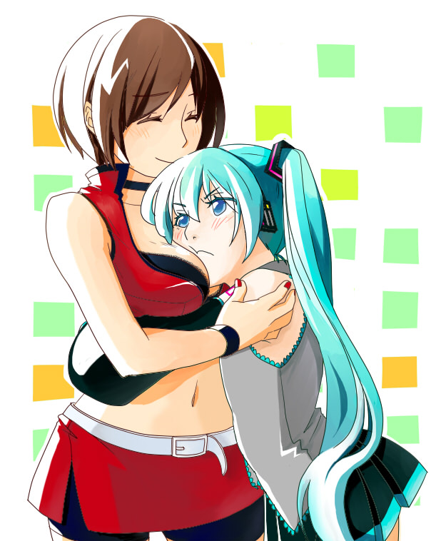 &gt;:( 00s 2girls ^_^ aqua_background aqua_hair belt between_breasts black_shirt blue_eyes blush bracelet breast_press breasts brown_hair cheek-to-breast choker closed_eyes closed_mouth couple cowboy_shot detached_sleeves eyelashes female_focus frown green_background grey_shirt hatsune_miku height_difference hug jewelry long_hair looking_at_another medium_breasts meiko_(vocaloid) midriff multicolored_background multiple_girls nail_polish navel orange_background red_nails red_skirt shirt shiseriyo short_hair simple_background skirt sleeveless sleeveless_shirt smile standing tank_top twintails upper_body vocaloid white_background yuri