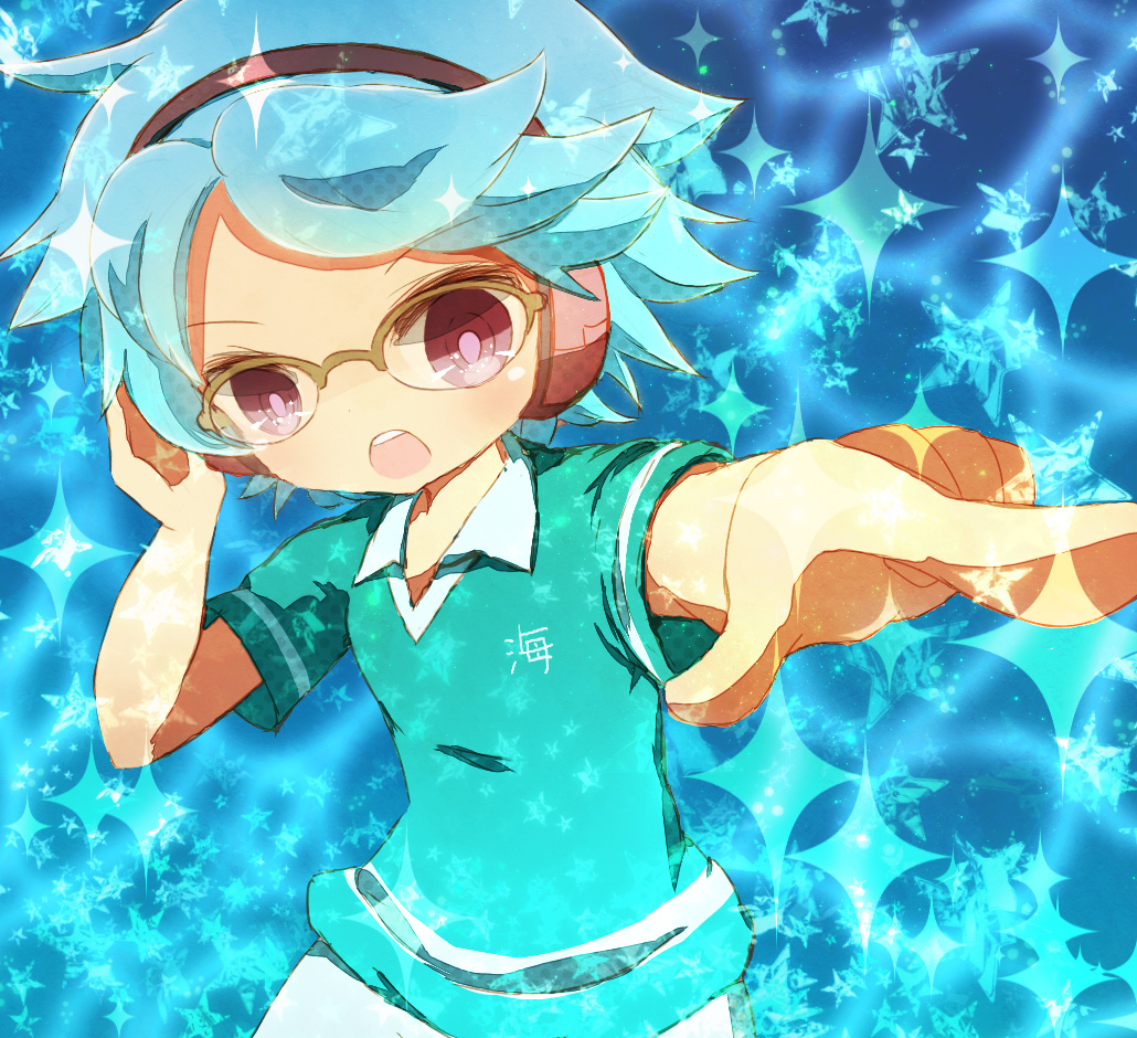 1boy bad_id bad_pixiv_id blue_hair glasses headphones inazuma_eleven inazuma_eleven_(series) male_focus open_mouth otomura_gakuya oumihara soccer_uniform solo sportswear upper_body yoshida_(nono_ko)