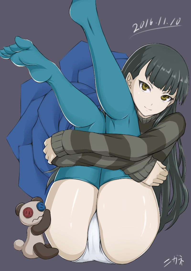 1girl ass black_hair blue_thighhighs dated feet female_focus full_body legs_up long_hair looking_at_viewer nigane panties sasa_kazamori shirt sitting smile solo striped_clothes striped_shirt stuffed_animal stuffed_toy teddy_bear thighhighs turtleneck un-go underwear very_long_hair white_panties yellow_eyes