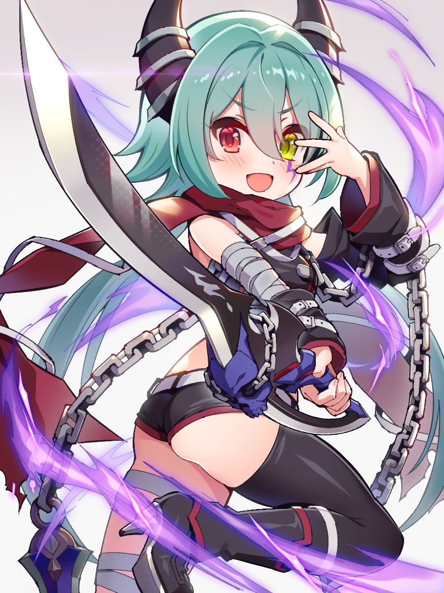 1girl anna_(princess_connect!) asymmetrical_legwear bandages blush chain detached_sleeves green_hair hair_between_eyes heterochromia high_heels highres horns long_hair looking_at_viewer midriff mismatched_legwear moguru princess_connect! scarf short_shorts shorts single_thighhigh solo sword thighhighs very_long_hair w w_over_eye weapon