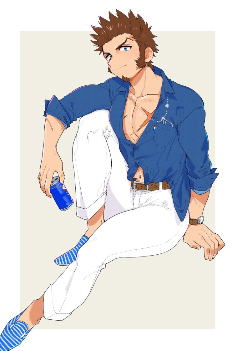 1boy arm_on_knee blue_eyes blush brown_hair cross_scar facial_hair fate/grand_order fate_(series) foot_out_of_frame goatee head_tilt light_smile long_sideburns long_sleeves looking_at_viewer male_focus midriff_peek napoleon_bonaparte_(fate) open_clothes pants pectoral_cleavage pectorals scar shitappa short_hair sideburns simple_background sitting smile solo toned toned_male white_pants
