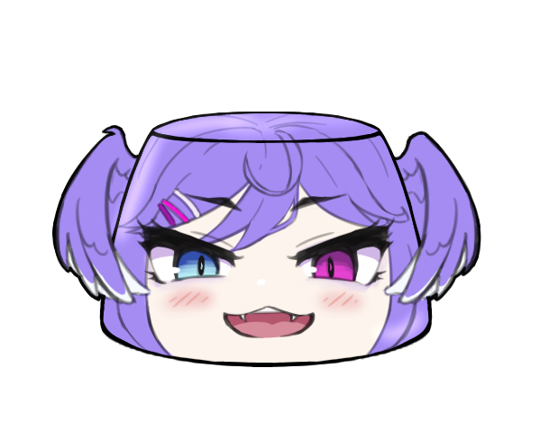 1girl :3 :d blue_eyes fangs food foodification hair_ornament hairclip head_wings heterochromia looking_at_viewer nijisanji nijisanji_en open_mouth psycho_orb pudding purple_eyes purple_hair selen_tatsuki simple_background smile solo transparent_background virtual_youtuber wings