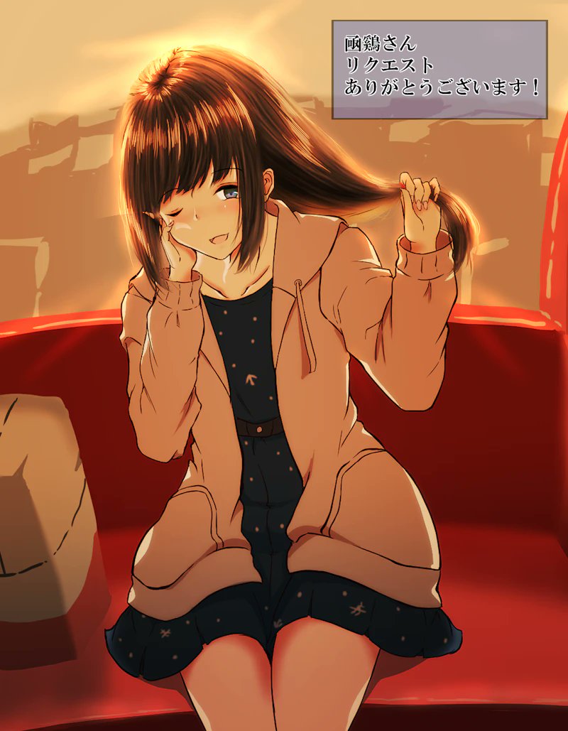 1girl :d anchor_print anchor_symbol belt berukuto_(berukuto_47) black_belt blue_dress blush brown_hair collarbone commentary_request cowboy_shot drawstring dress fubuki_(kancolle) fubuki_(spring)_(kancolle) grey_eyes grey_jacket hair_tie hand_on_own_cheek hand_on_own_face hand_up happy_birthday hood hood_down hooded_jacket jacket kantai_collection long_hair long_sleeves looking_at_viewer medium_dress one_eye_closed open_clothes open_jacket open_mouth polka_dot polka_dot_dress sidelocks sitting smile solo translation_request untying_hair