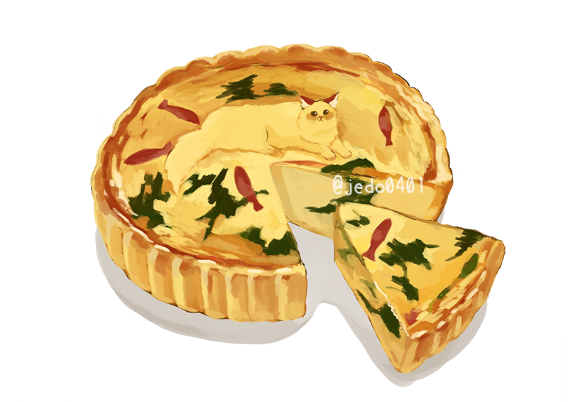 animal cat food food_focus full_body hakuchizu no_humans original pie pie_slice quiche shadow simple_background sitting_on_food twitter_username undersized_animal white_background yellow_fur