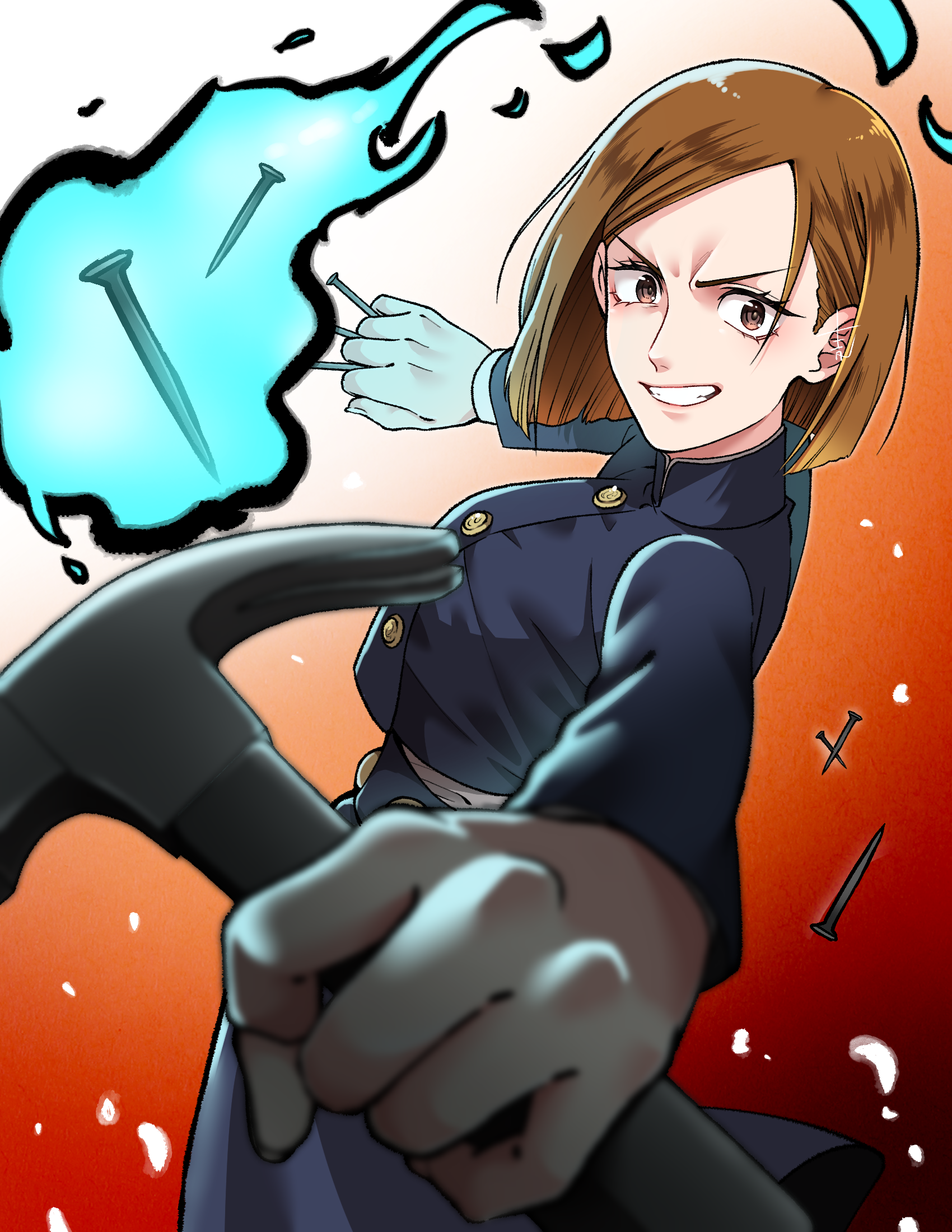 1girl blurry breasts brown_background brown_eyes brown_hair commentary_request depth_of_field from_side gradient_background grin hammer highres holding holding_hammer holding_nail jujutsu_kaisen jujutsu_tech_uniform kugisaki_nobara large_breasts magic mugicha_(zoro1132) nail_(hardware) perspective short_hair smile solo swept_bangs v-shaped_eyebrows