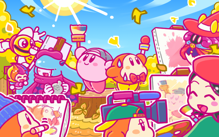 4girls adeleine backwards_hat baseball_cap beanie blue_hat bow bowtie canvas_(object) clay claycia commentary_request copy_ability drawing elline_(kirby) ginkgo_leaf green_hat hair_over_eyes hat jitome kirby kirby_(series) leaf multiple_girls nintendo official_art paint_kirby paint_roller_(kirby) paintbrush paintra paint_palette red_neckwear scarf sketchbook smile sweat tree_stump waddle_dee