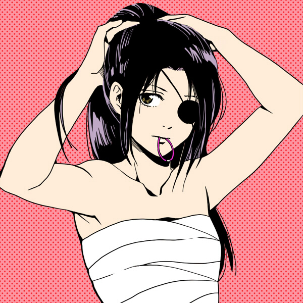 1girl 3mm black_hair eyepatch female_focus flat_color gintama long_hair sarashi solo yagyuu_kyuubei