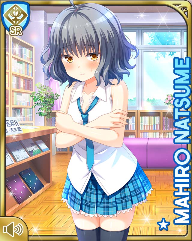 1girl ahoge black_thighhighs blue_shirt book bookcase brown_eyes card_(medium) closed_mouth day frilled_skirt frills girlfriend_(kari) grey_hair indoors natsume_mahiro official_art orange_eyes plaid_clothes plaid_skirt pleated_skirt qp:flapper school_uniform shirt short_hair shy skirt sleeveless solo standing thighhighs wavy_hair