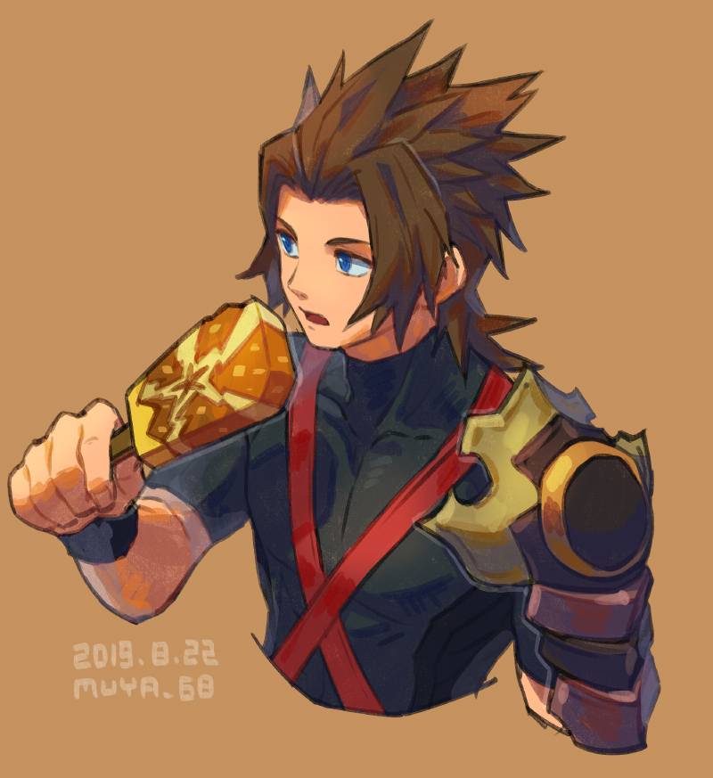 1boy arm_armor armor artist_name asymmetrical_armor black_shirt blue_eyes brown_hair commentary_request cropped_torso dated food holding holding_food holding_ice_cream ice_cream ice_cream_bar kingdom_hearts looking_to_the_side male_focus medium_hair open_mouth orange_background shirt short_sleeves shoulder_strap simple_background skyloop19 solo spiked_hair terra_(kingdom_hearts) tight_clothes tight_shirt turtleneck turtleneck_shirt upper_body wristband