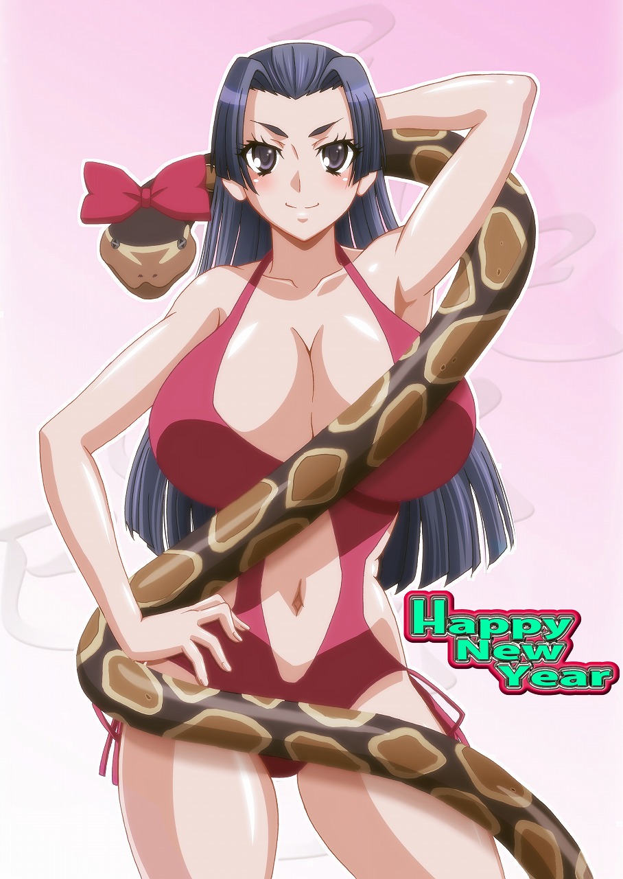 1girl alternate_breast_size arm_behind_head arm_up armpits bare_arms bare_shoulders black_hair bow breasts casual_one-piece_swimsuit cleavage closed_mouth commentary_request ekaterina_(railgun) feet_out_of_frame firewarstorm gradient_background hand_on_own_hip happy_new_year highres huge_breasts kongou_mitsuko light_blush long_hair looking_at_viewer navel new_year one-piece_swimsuit pink_background python red_bow red_one-piece_swimsuit smile snake solo standing stomach swimsuit toaru_kagaku_no_railgun toaru_majutsu_no_index v-shaped_eyebrows white_background