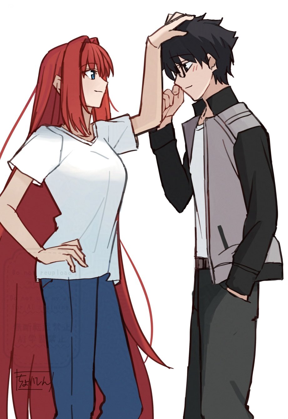 1boy 1girl aozaki_aoko black_eyes black_hair blue_pants breasts glasses headpat highres large_breasts long_hair pants red_hair shintyoi2 shirt short_hair smile tohno_shiki tsukihime very_long_hair white_shirt