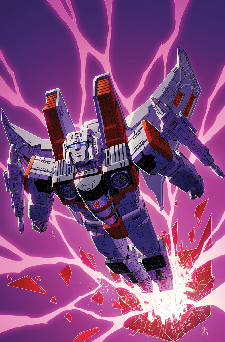 1boy airplane_wing blue_eyes casey_w._coller clenched_hands decepticon flying highres insignia looking_up mecha no_humans robot smile solo starscream starscream_(shattered_glass) transformers transformers:_war_for_cybertron_trilogy transformers_shattered_glass
