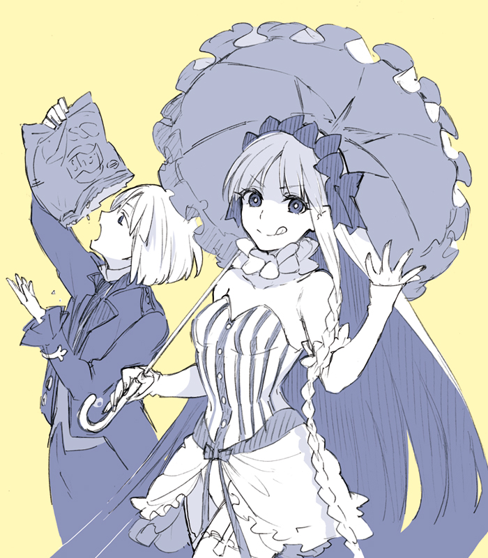 1boy 1girl :p bob_cut bow braid bright_pupils chips_(food) dress eating fate/strange_fake fate_(series) food francesca_prelati_(fate) francois_prelati_(fate) garter_straps hair_bow isshoku_(shiki) long_hair looking_at_viewer parasol potato_chips simple_background single_braid smile strapless strapless_dress striped_clothes striped_dress thighhighs tongue tongue_out umbrella very_long_hair walking yellow_background