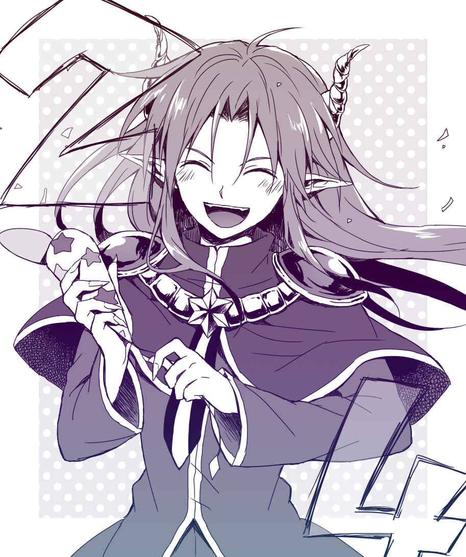 1boy bush capelet confetti facing_viewer hana_(mew) happy holding holding_party_popper horns long_hair long_sleeves male_focus monochrome open_mouth party_popper pointy_ears puyopuyo satan_(puyopuyo) solo teeth upper_body upper_teeth_only