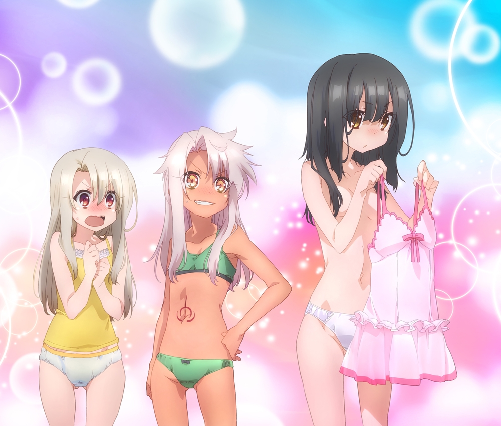 3girls black_hair blush bow bow_panties breasts brown_eyes camisole chemise chloe_von_einzbern convenient_censoring cowboy_shot dark-skinned_female dark_skin dress fate/kaleid_liner_prisma_illya fate_(series) female_focus furrowed_brow gluteal_fold green_panties green_sports_bra grin hair_censor hair_over_breasts hand_on_own_hip holding holding_unworn_clothes illyasviel_von_einzbern light_brown_hair long_hair looking_at_viewer miyu_edelfelt multiple_girls navel nose_blush official_art open_mouth panties photoshop_(medium) pink_dress pink_hair red_eyes shirt sidelocks small_breasts smile sports_bra sweatdrop tattoo topless_female underwear underwear_only unworn_camisole ushijima_nozomi wavy_mouth white_panties yellow_eyes yellow_shirt