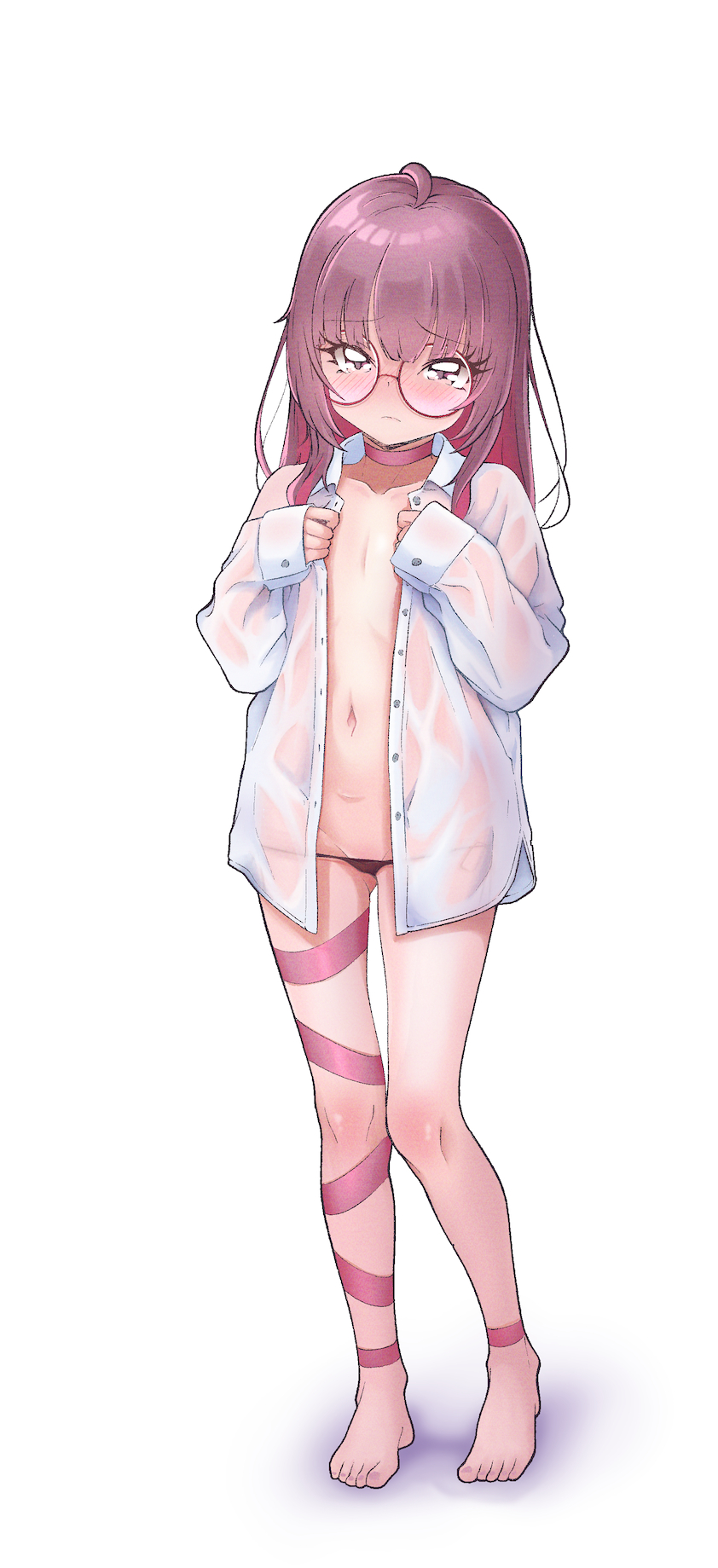 1girl ahoge ankle_ribbon barefoot black_panties blush breasts brown_eyes brown_hair convenient_censoring embarrassed fallenshadow feet full_body glasses groin hands_on_own_chest highres indie_virtual_youtuber leg_ribbon legs loli long_hair lowleg lowleg_panties navel neck_ribbon open_clothes open_shirt panties panty_pull pettan_(zeez4743) pink_ribbon ribbon see-through_clothes see-through_shirt shirt small_breasts solo standing stomach thigh_ribbon thighs toes unbuttoned unbuttoned_shirt underwear virtual_youtuber white_shirt