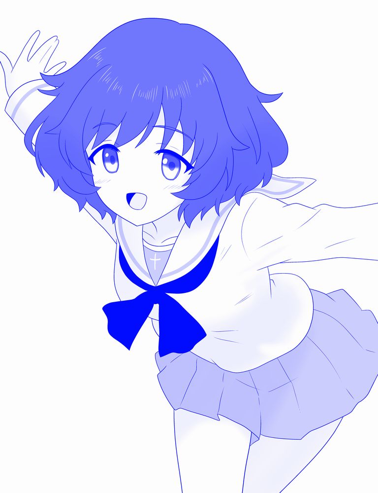1girl akiyama_yukari blouse blue_theme commentary cowboy_shot girls_und_panzer leaning_forward long_sleeves looking_at_viewer messy_hair miniskirt monochrome neckerchief ooarai_school_uniform open_mouth outstretched_arms pleated_skirt sailor_collar school_uniform serafuku shira14 shirt short_hair skirt smile solo spread_arms standing