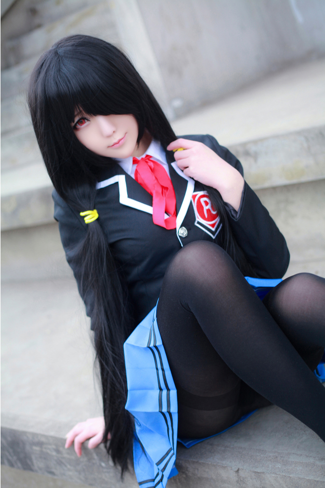1girl artist_request asian black_hair black_pantyhose blazer blue_skirt blurry color_contacts cosplay date_a_live depth_of_field female_focus hair_over_one_eye jacket long_hair looking_at_viewer on_floor pantyhose photo_(medium) pleated_skirt red_eyes school_uniform sitting skirt solo stairs thighband_pantyhose tokisaki_kurumi tokisaki_kurumi_(cosplay) twintails