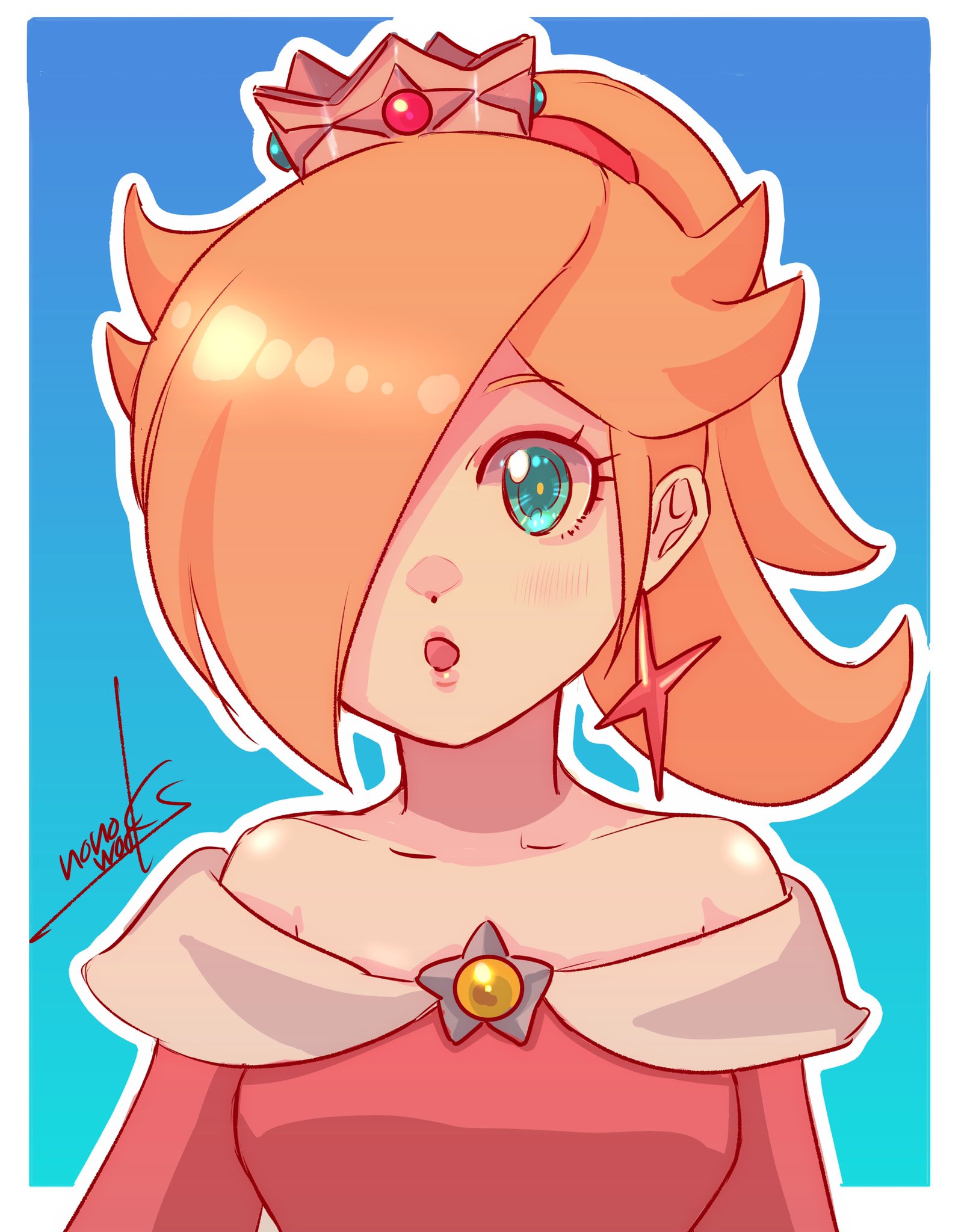 1girl bare_shoulders blonde_hair blue_background blue_eyes blush brooch crown dress earrings fire_rosalina hair_over_one_eye highres jewelry looking_at_viewer mario_(series) nintendo nonoworks off-shoulder_dress off_shoulder open_mouth outline ponytail red_dress rosalina signature solo star_(symbol) star_earrings super_mario_3d_world upper_body white_outline
