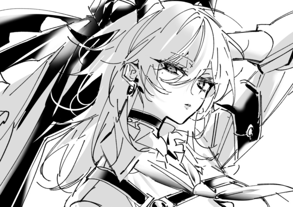 1girl armband breasts chest_harness choker curled_horns dlckrpwjd111 earrings greyscale harness horns jewelry key_earrings long_hair looking_at_viewer mole mole_under_eye monochrome necktie parted_lips portrait simple_background solo white_background wuthering_waves zani_(wuthering_waves)