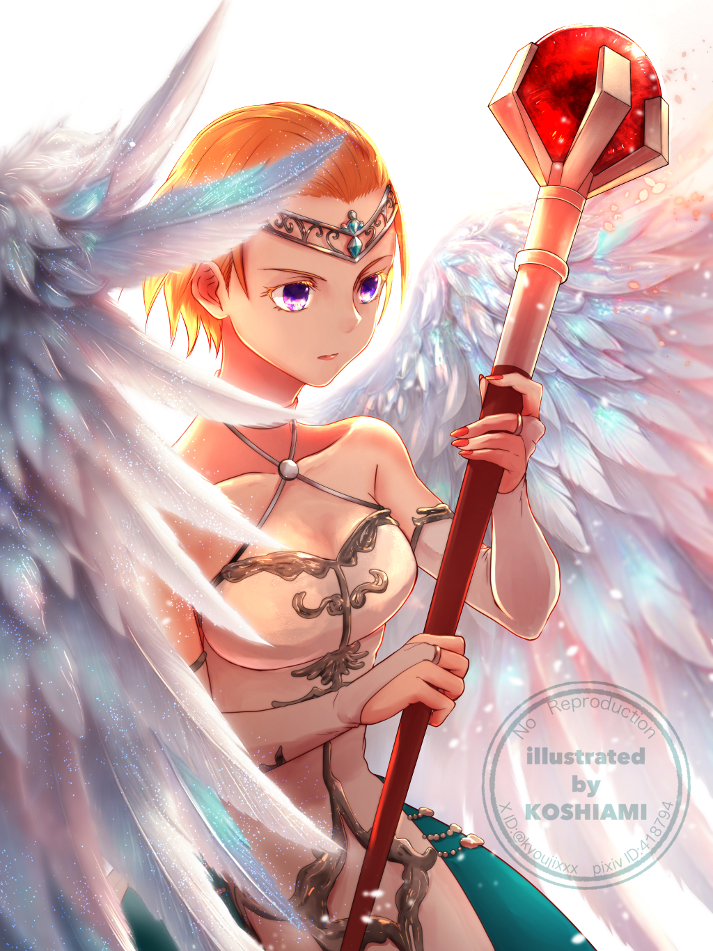 1girl angel_wings aqua_dress aqua_gemstone artist_name bare_shoulders blonde_hair breasts bridal_gauntlets closed_mouth colored_eyelashes commentary_request dragon_quest dragon_quest_xi dress feathered_wings hair_slicked_back highres holding holding_wand koshi_(meermisa) looking_ahead medium_breasts multicolored_dress official_alternate_costume official_alternate_hair_length official_alternate_hairstyle pixiv_id purple_eyes red_nails senya_(dq11) short_hair solo tiara twitter_username upper_body wand watermark white_bridal_gauntlets white_dress white_tiara wings