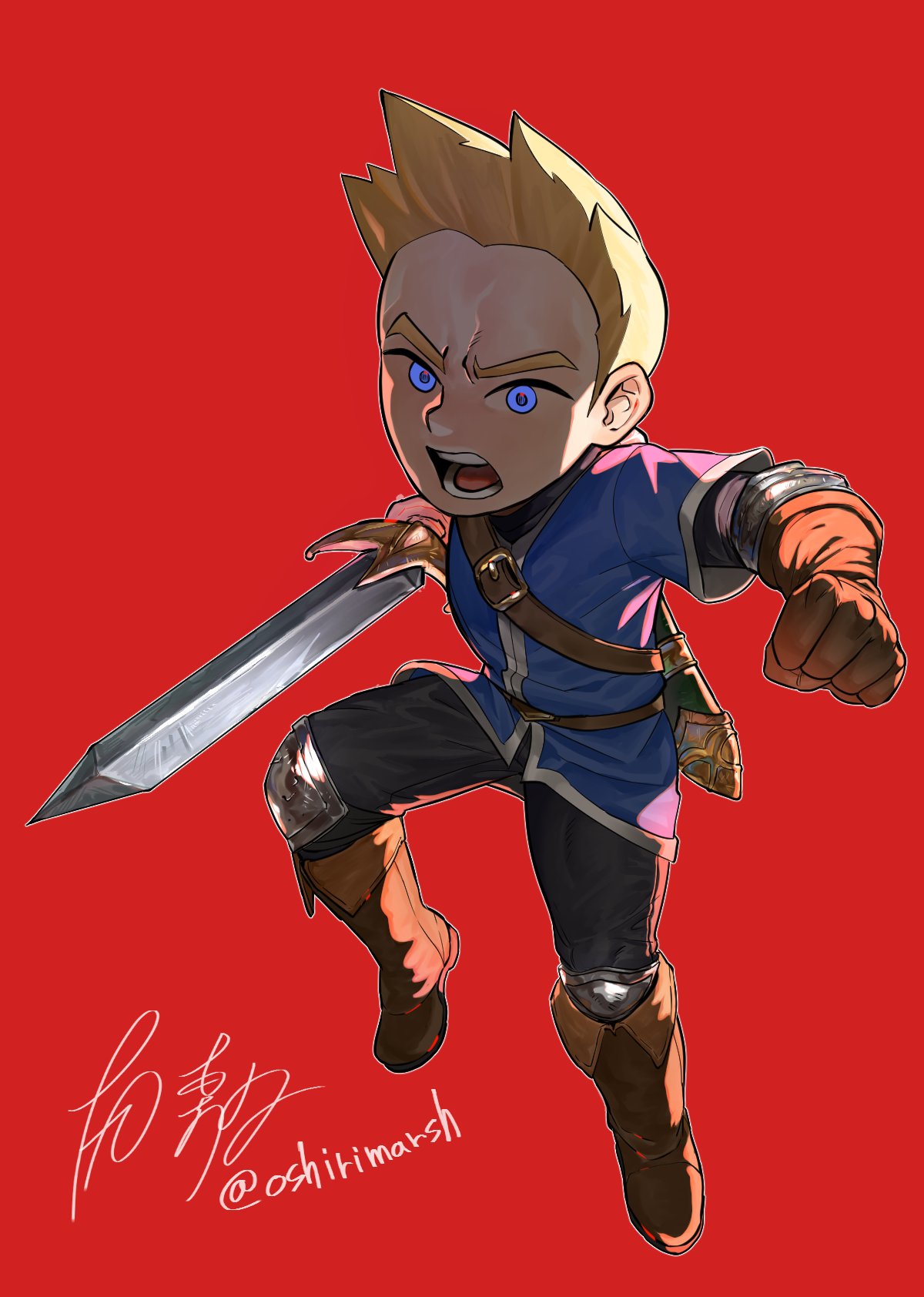 1boy armor artist_name belt black_pants blonde_hair blue_eyes boots brown_belt brown_boots brown_gloves clenched_hand dancho_no_mori elbow_pads full_body gloves hands_up highres holding holding_sword holding_weapon knee_pads leg_up male_focus midair mii_(nintendo) mii_swordfighter mii_swordfighter_(smash_ultimate) nintendo open_mouth pants red_background scabbard sheath short_hair short_sleeves shoulder_belt signature simple_background solo super_smash_bros. sword twitter_username v-shaped_eyebrows weapon