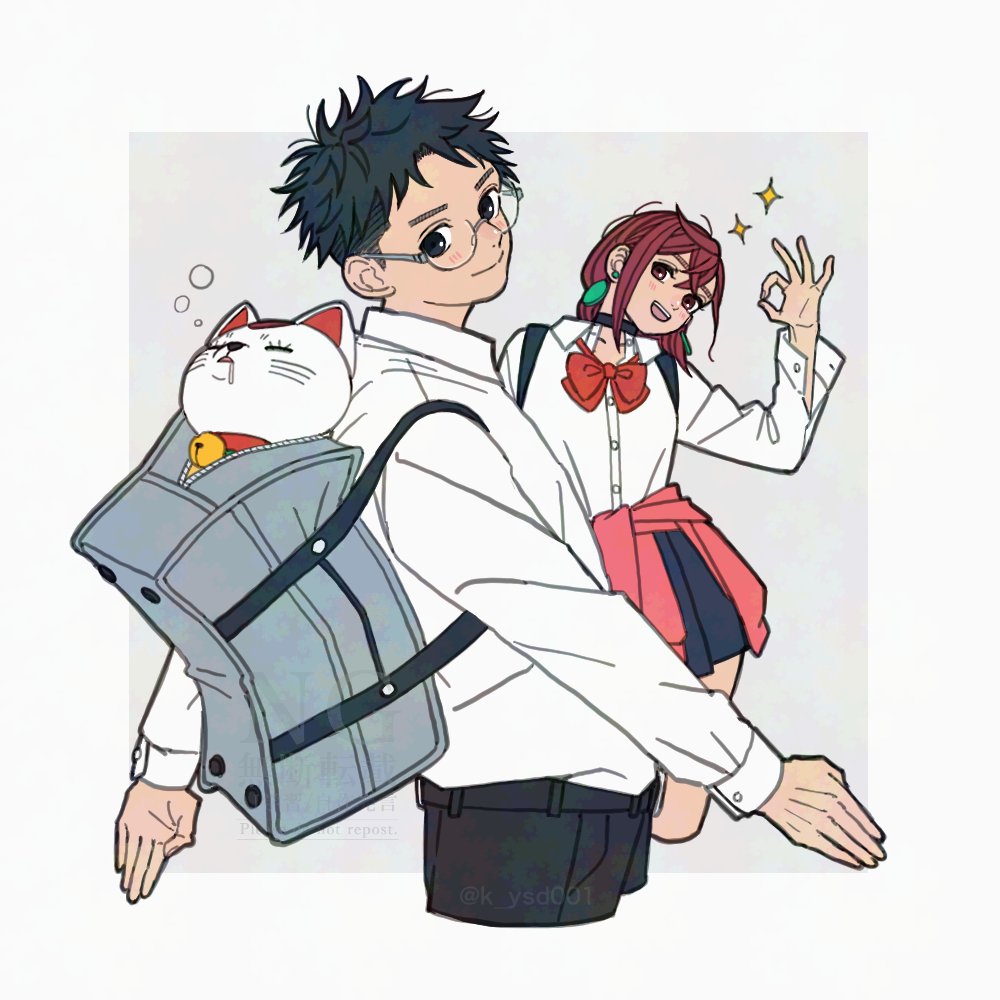 1boy 1girl ayase_momo backpack bag black_choker black_hair black_pants blue_skirt blush border bow bowtie brown_eyes brown_hair cat choker closed_mouth clothes_around_waist collared_shirt commentary_request cowboy_shot cropped_legs dandadan earrings from_side glasses hair_between_eyes head_tilt jewelry k_ysd001 long_sleeves looking_at_viewer looking_to_the_side loose_bowtie medium_hair miniskirt ok_sign open_mouth outside_border pants pink_sweater pleated_skirt red_bow red_bowtie round_eyewear school_uniform shirt short_hair skirt sleeping smile sparkle sweater sweater_around_waist takakura_ken_(dandadan) turbo_granny_(dandandan) white_border white_shirt