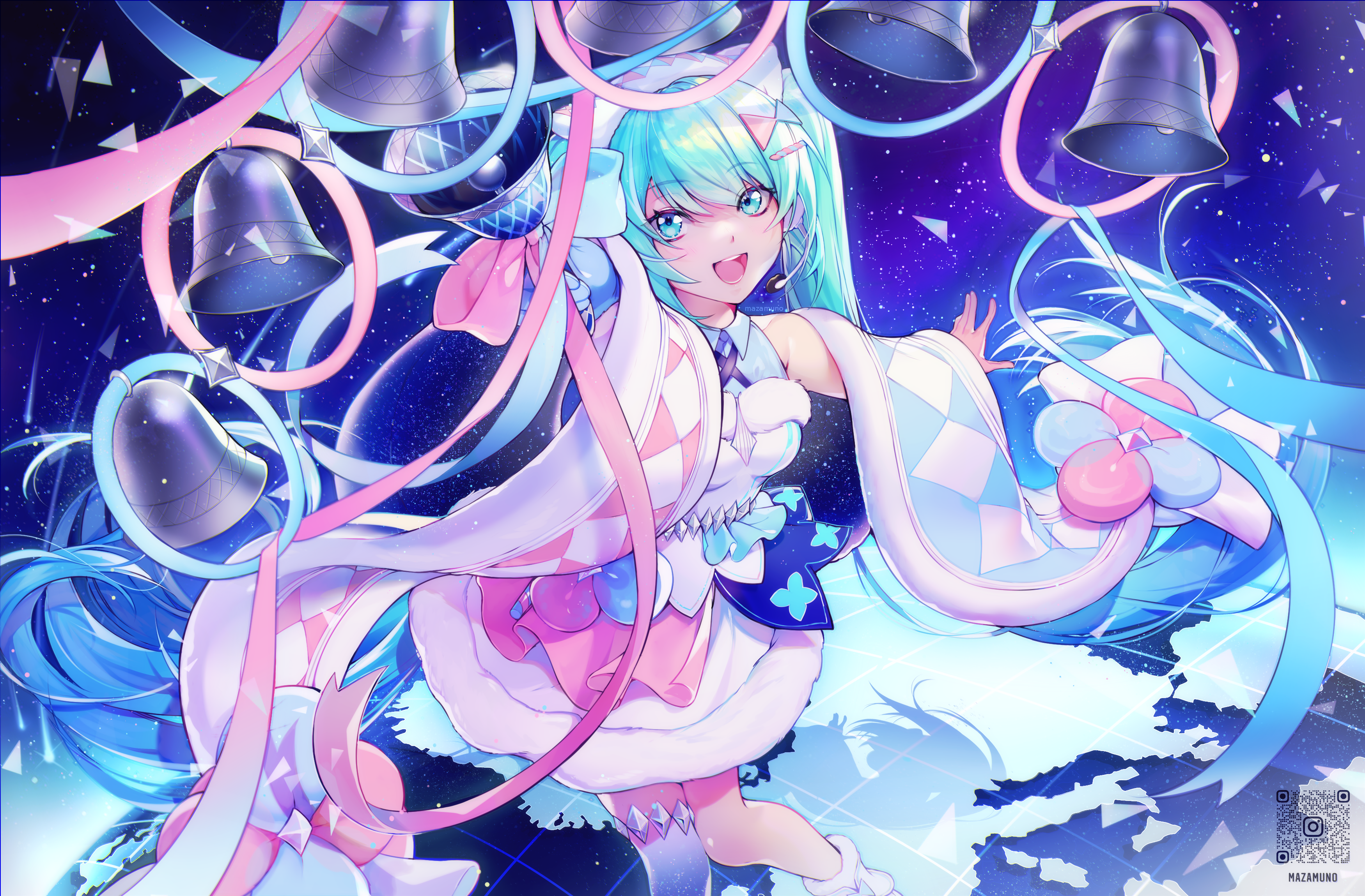 1girl absurdres aqua_eyes aqua_hair bad_id bad_pixiv_id barcode bell blue_bow blue_thighhighs bow comet dress flower foreshortening fur_trim globe hair_ornament hairband hairclip hatsune_miku highres long_hair magical_mirai_miku magical_mirai_miku_(2020_winter) mazamuno night pink_bow shooting_star signature single_thighhigh star_(sky) thighhighs twintails two-tone_bow very_long_hair vocaloid white_dress yuki_miku