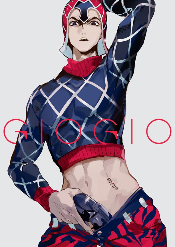 1boy arm_up arrow_(symbol) blue_eyes cowboy_shot crop_top english_text groin guido_mista gun gun_in_pants hat holding holding_gun holding_weapon jojo_no_kimyou_na_bouken looking_at_viewer male_focus midriff multicolored_hat multicolored_pants multicolored_shirt musical_note navel nineo open_mouth pants patterned_clothing shirt simple_background solo stomach_tattoo striped_clothes tattoo teeth turtleneck turtleneck_shirt upper_teeth_only vento_aureo weapon white_background
