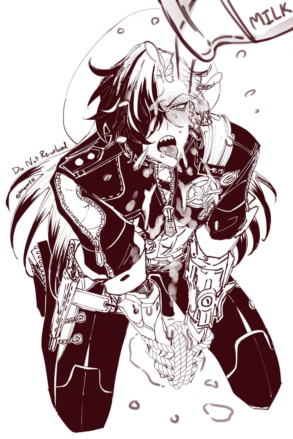 1boy blush boothill_(honkai:_star_rail) bound bound_wrists cyborg forced_drinking hair_over_one_eye highres holster honkai:_star_rail honkai_(series) kneeling long_hair male_focus mewso milk multicolored_hair puddle sharp_teeth solo teeth tongue tongue_out two-tone_hair