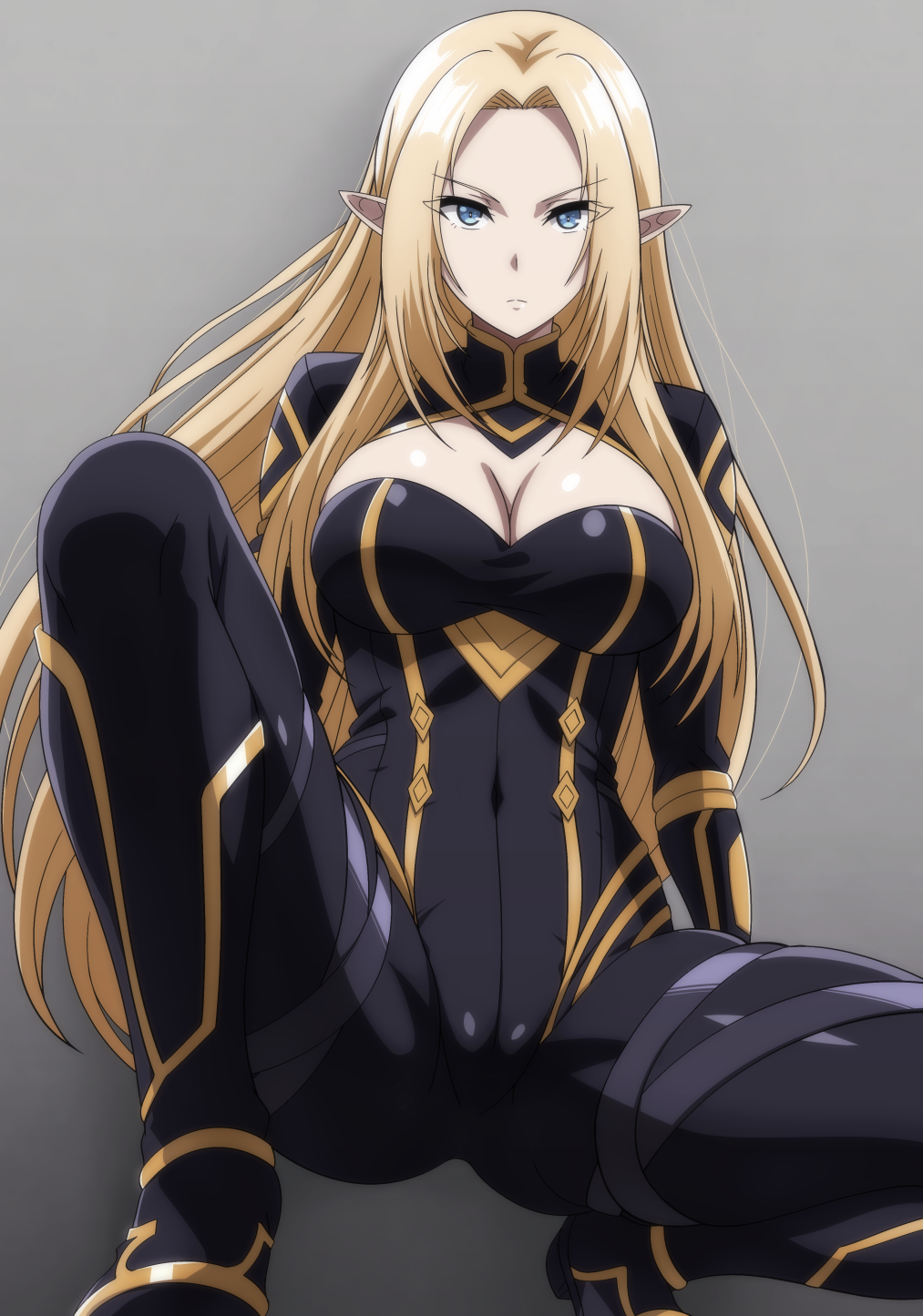 1girl alpha_(kage_no_jitsuryokusha_ni_naritakute!) black_bodysuit blonde_hair blue_eyes bodysuit breasts cleavage cleavage_cutout clothing_cutout covered_navel grey_background highres kage_no_jitsuryokusha_ni_naritakute! large_breasts long_hair looking_at_viewer makiri_akira open_mouth pointy_ears simple_background solo squatting very_long_hair