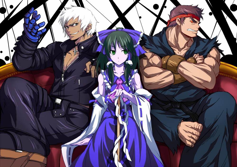 1girl 2boys black_hair brown_hair closed_mouth crossover dark_persona dougi gloves hakurei_reimu headband k&#039;_(kof) looking_at_viewer m.u.g.e.n multiple_boys muscular muscular_male no~ma red_headband ryu_(street_fighter) short_hair smile street_fighter street_fighter_ii_(series) the_king_of_fighters thick_eyebrows touhou