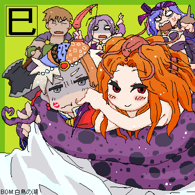 2boys 3girls angry artist_request axe bandana blue_hair blush bow_(weapon) brown_hair cape cheek_poking commentary_request constriction final_fantasy final_fantasy_ii firion green_background guy_(ff2) heart heart_tail lamia leila long_hair looking_at_viewer lowres maria_(ff2) monster_girl multiple_boys multiple_girls no_pupils o_o open_mouth orange_hair original pointing poking purple_hair reila smile tail translation_request v weapon white_hair