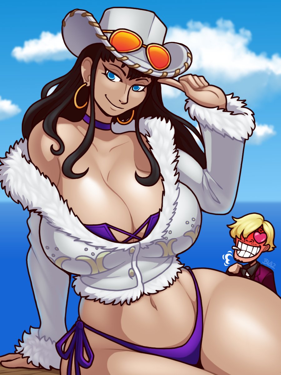 1boy 1girl arm_support bikini blazbaros blonde_hair blue_eyes blush breasts choker cigarette cowboy_hat curvy dark-skinned_female dark_skin earrings female_focus hair_over_one_eye hat heart highres huge_breasts jewelry long_hair looking_at_viewer navel nico_robin one_piece sanji_(one_piece) short_hair sitting sunglasses swimsuit thick_thighs thighs wide_hips