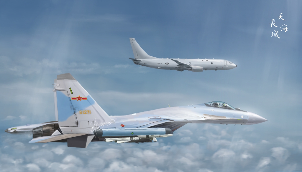 aircraft airplane boeing_p-8_poseidon fighter_jet historical_event military_vehicle original p.f_lee people&#039;s_liberation_army people&#039;s_liberation_army_navy people&#039;s_liberation_army_navy_air_force shenyang_j-11 signature united_states_navy vehicle_focus