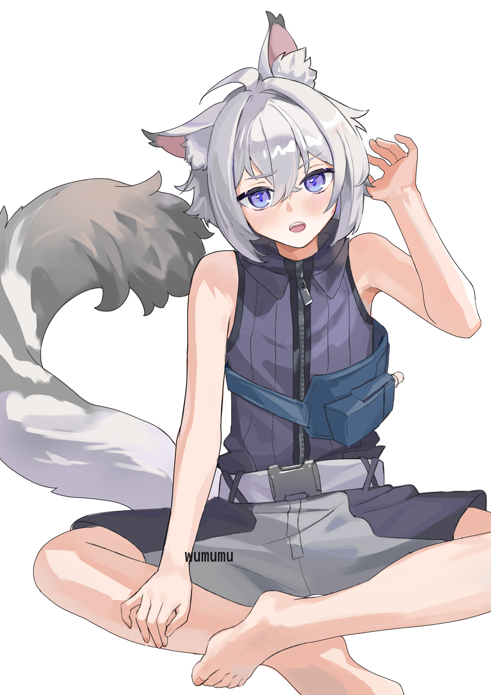 1boy animal_ear_fluff animal_ears armpits cat_boy cat_ears cat_tail crossed_legs hair_between_eyes hand_up highres male_focus open_mouth purple_eyes seth_lowell short_hair shorts simple_background sitting sleeveless solo tail white_background white_hair wumumu zenless_zone_zero zipper_pull_tab