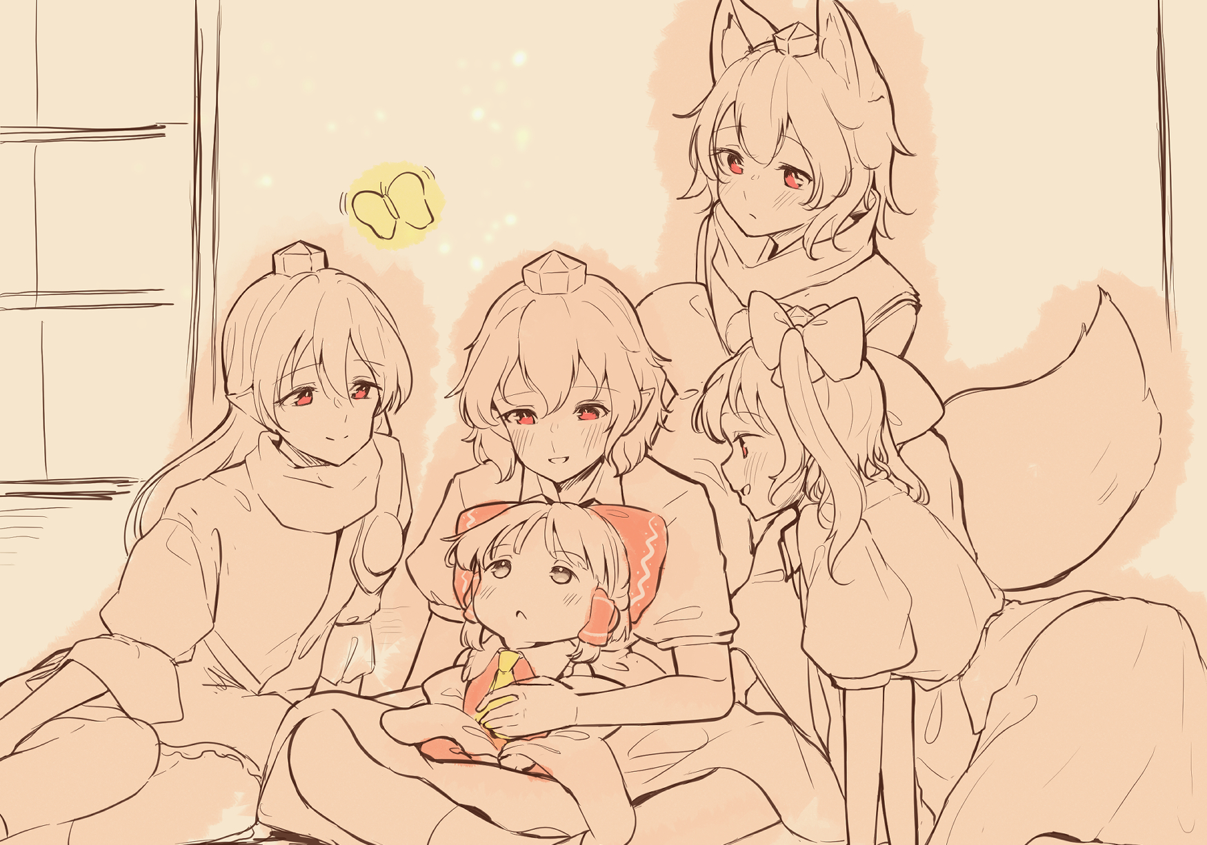 5girls aged_down all_fours animal_ear_fluff animal_ears ascot bow brown_theme bug butterfly closed_mouth commentary detached_sleeves double-parted_bangs feet_out_of_frame frilled_skirt frills gem grey_eyes hair_between_eyes hair_tubes hakurei_reimu hat highres himekaidou_hatate holding_to_chest iizunamaru_megumu indian_style indoors insect inubashiri_momiji kneeling leaning_forward light_blush light_frown lineart long_hair looking_up medium_hair monochrome multiple_girls on_floor open_mouth parted_bangs pointy_ears pom_pom_(clothes) puffy_short_sleeves puffy_sleeves red_bow red_eyes red_vest seele_(chanseele0128) shameimaru_aya shirt short_hair short_sleeves shoulder_guard simple_background sitting sitting_on_lap sitting_on_person skirt smile socks split_mouth spot_color standing tail thighhighs tokin_hat touhou two_side_up vest white_trim window wolf_ears wolf_girl wolf_tail yellow_ascot yokozuwari