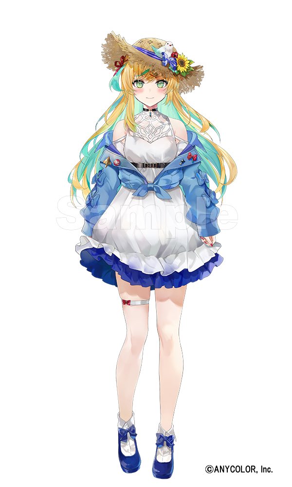 1girl animal animal_on_head aqua_hair badge belt belt_buckle bird bird_on_head black_belt black_choker blonde_hair blue_bow blue_jacket blue_nails blue_shoes blush bow brown_hat buckle button_badge choker closed_mouth colored_inner_hair commentary_request company_name copyright_notice cropped_jacket dress eyelashes fingernails flower footwear_bow frilled_dress frills green_eyes hair_ornament hair_ribbon hairclip hat hat_bow hat_flower jacket layered_dress long_hair long_sleeves looking_at_viewer multicolored_hair nail_polish nijisanji off_shoulder official_art on_head puffy_long_sleeves puffy_sleeves red_bow red_flower red_ribbon ribbon sample_watermark shoes simple_background sleeves_past_wrists smile socks solo soraneko_hino straw_hat streaked_hair sun_hat sunflower tachi-e tachitsute_toto tachitsute_toto_(2nd_costume) thigh_strap tied_jacket two-tone_hair virtual_youtuber watermark white_background white_dress white_socks yellow_flower