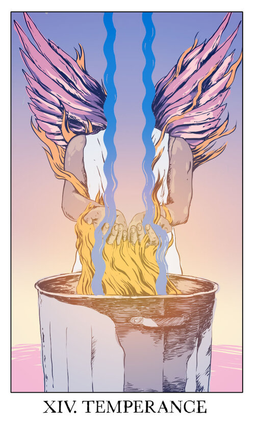 1other angel angel_wings blue_sky border card_(medium) censored cupping_hands dress english_text faceless feathered_wings fire glowing gradient_background gradient_sky holding censored_identity jessica_hayworth orange_sky outdoors own_hands_together pastel_colors purple_wings roman_numeral sky sleeveless sleeveless_dress solo surreal tarot tarot_(medium) temperance_(tarot) trash_can water welcome_to_night_vale white_border white_dress wings yellow_sky