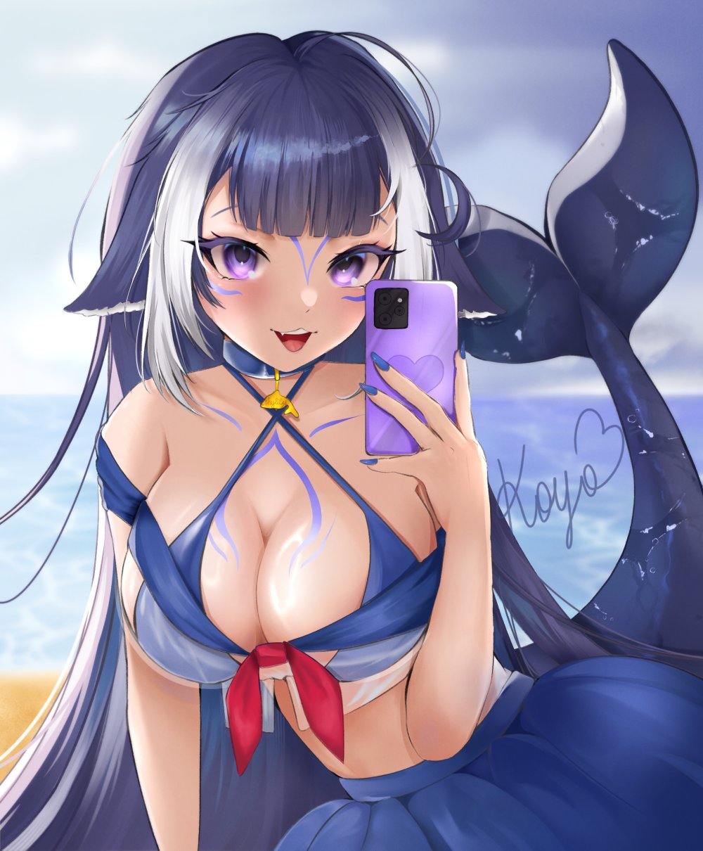 1girl animal_ears bikini bikini_under_clothes black_hair blue_bikini blue_collar body_markings breasts cetacean_tail cleavage collar commentary english_commentary facial_mark facial_tattoo fins fish_tail highres indie_virtual_youtuber koyonee large_breasts long_hair looking_at_viewer multicolored_hair orca_girl purple_eyes shylily shylily_(1st_costume) smile streaked_hair swimsuit tail tattoo virtual_youtuber white_hair