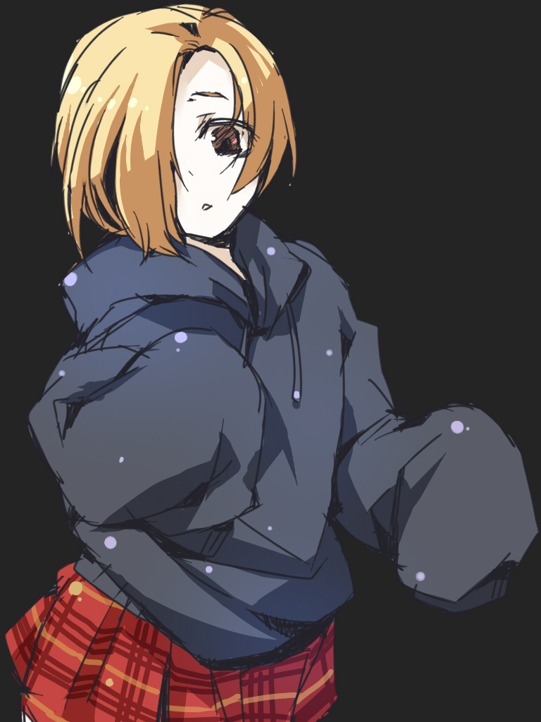 10s 1girl atsushi/hao blonde_hair brown_eyes female_focus hair_over_one_eye hood hoodie idolmaster idolmaster_cinderella_girls long_sleeves looking_at_viewer pleated_skirt sa-k-p shirasaka_koume short_hair simple_background sketch skirt sleeves_past_wrists smile solo