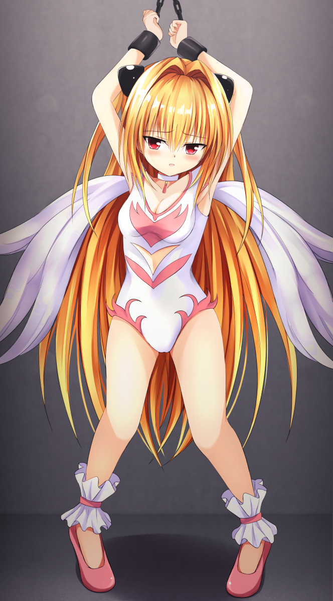 1girl angel_leotard armpits arms_up blonde_hair breasts chained_wrists dragon_quest hair_intakes highres kaze_(kaze_kaza) konjiki_no_yami leotard long_hair multicolored_leotard neglect_play pink_shoes red_eyes restrained shoes small_breasts solo to_love-ru two-tone_leotard two_side_up white_leotard wings