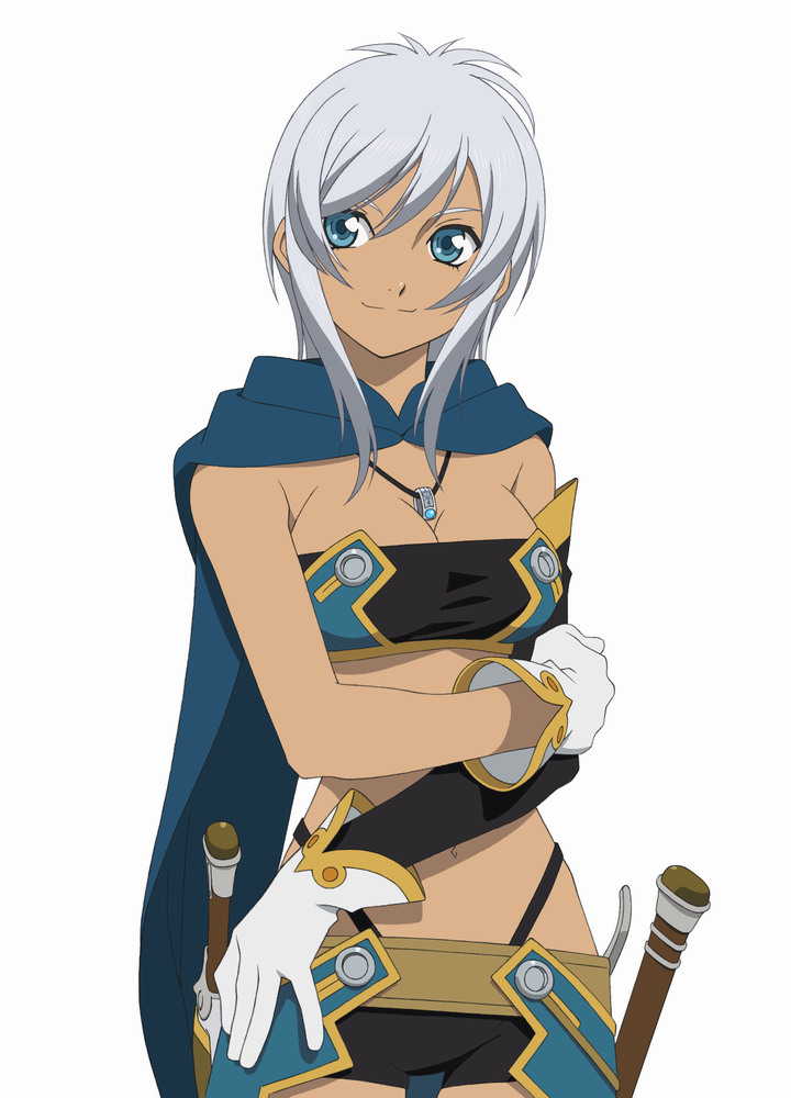 1girl blue_eyes breasts cape cleavage crossed_arms dagger dark-skinned_female dark_skin female_focus gloves knife long_hair medium_breasts midriff rondoline_e_effenberg rondorine_e._effenberg silver_hair smile solo sword tales_of_(series) tales_of_phantasia tales_of_phantasia:_narikiri_dungeon tales_of_phantasia:_narikiri_dungeon_x weapon white_gloves