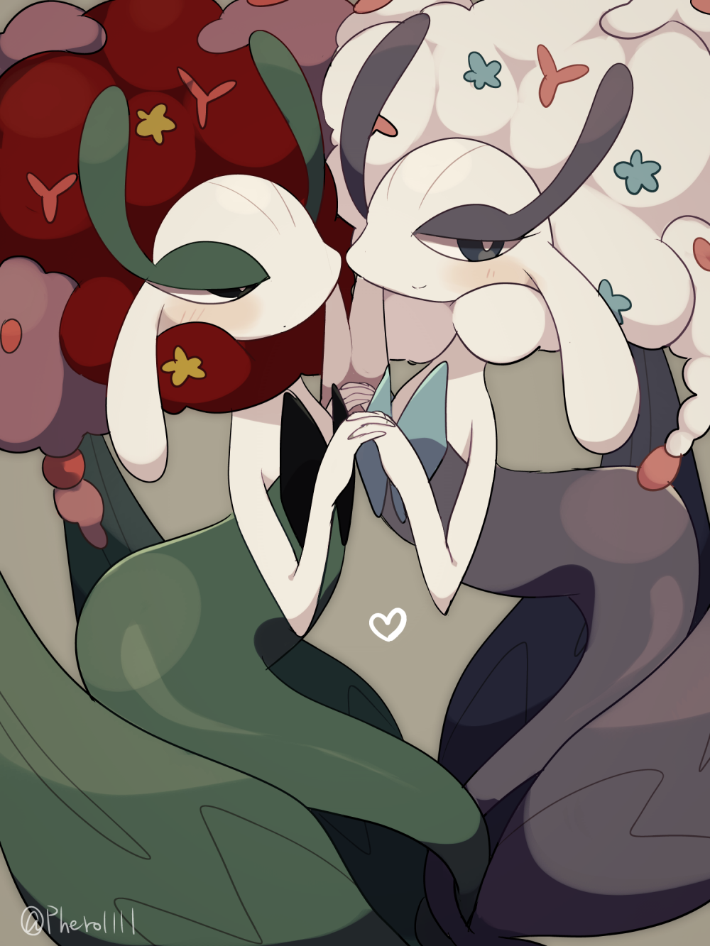2girls a-nya alternate_color arched_back artist_name averting_eyes big_hair blue_flower blush closed_mouth colored_skin dot_mouth female_focus flat_chest florges florges_(red_flower) florges_(white_flower) flower from_side gen_6_pokemon grey_background hair_flower hair_ornament half-closed_eyes hands_up happy heart highres holding_hands interlocked_fingers leaning_forward looking_at_another looking_to_the_side monster_girl multiple_girls nintendo plant_girl pokemon pokemon_(creature) red_flower red_hair shiny_and_normal shiny_pokemon shy signature simple_background smile split_mouth standing symmetry twitter_username white_hair white_skin yellow_flower