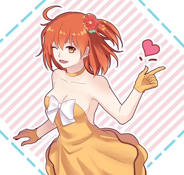 1girl ;d ahoge backless_dress backless_outfit breasts brown_eyes choker cleavage collarbone dress elsa_(g557744) fate/grand_order fate_(series) female_focus fujimaru_ritsuka_(female) fujimaru_ritsuka_(female)_(starlight_fest) gloves hair_between_eyes hair_ornament index_finger_raised layered_dress long_hair looking_at_viewer medium_breasts official_alternate_costume one_eye_closed open_mouth orange_hair short_dress side_ponytail sideboob sleeveless sleeveless_dress smile solo strapless strapless_dress striped_background yellow_dress yellow_gloves