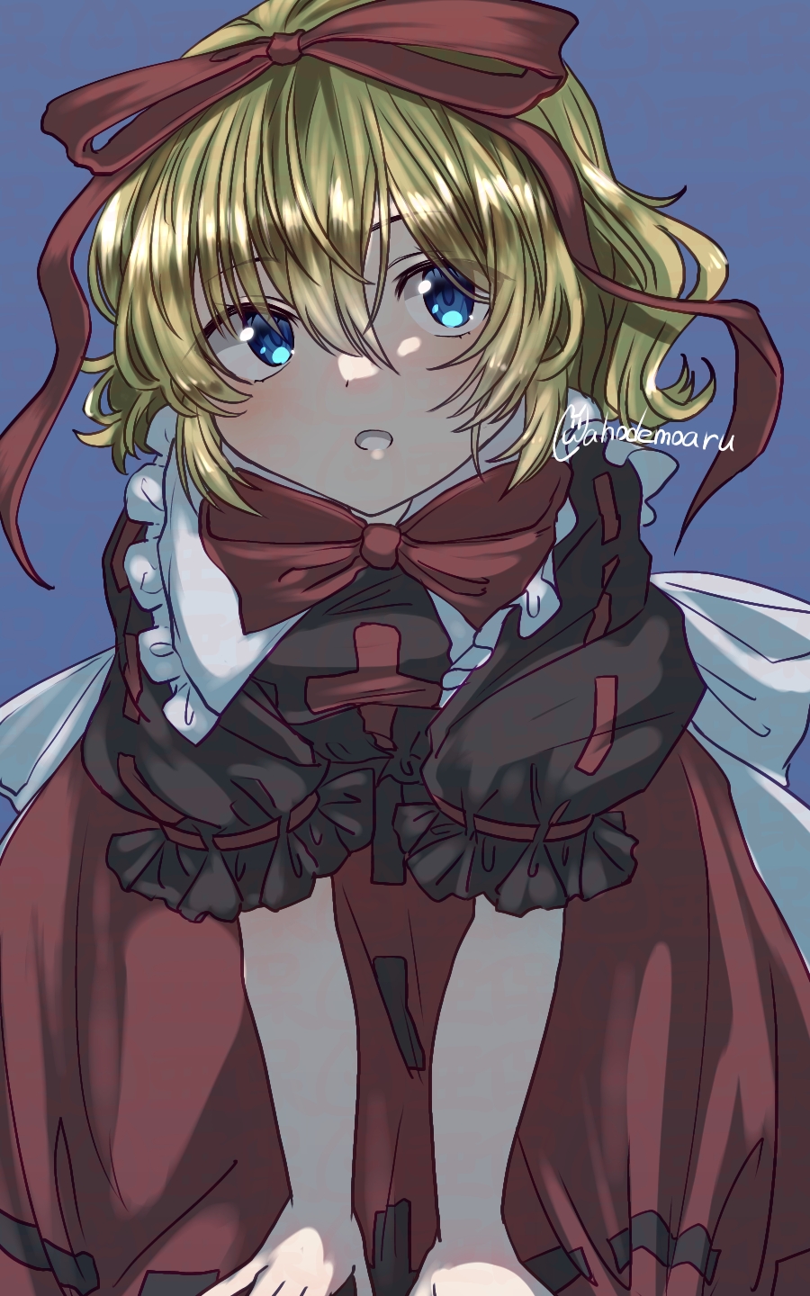1girl ahodemoaru all_fours artist_name blonde_hair blue_eyes bow bubble_skirt frilled_shirt frilled_shirt_collar frilled_skirt frilled_sleeves frills hands_on_floor highres looking_at_viewer medicine_melancholy one-hour_drawing_challenge open_mouth puffy_short_sleeves puffy_sleeves red_bow red_ribbon red_skirt ribbon shirt short_hair short_sleeves signature skirt touhou
